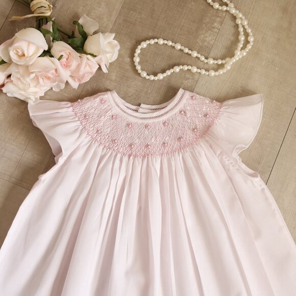 Pink Smocked Dress Pearl Flower Fly Sleeve Bishop Feltman Brothers NWT - Picture 2 of 5